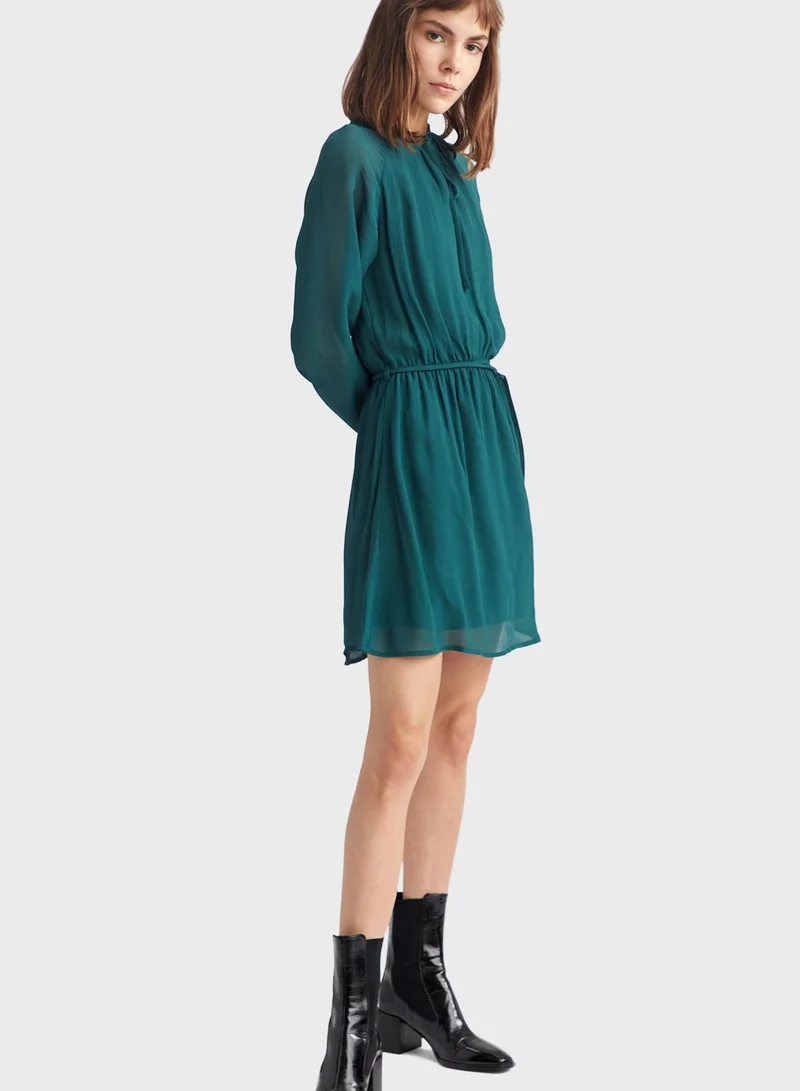 DeFacto Sheer Sleeve Tie Neck Dress