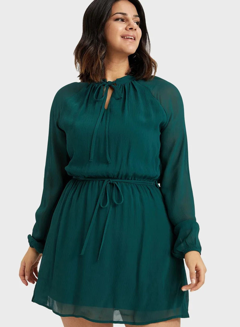 DeFacto Sheer Sleeve Tie Neck Dress