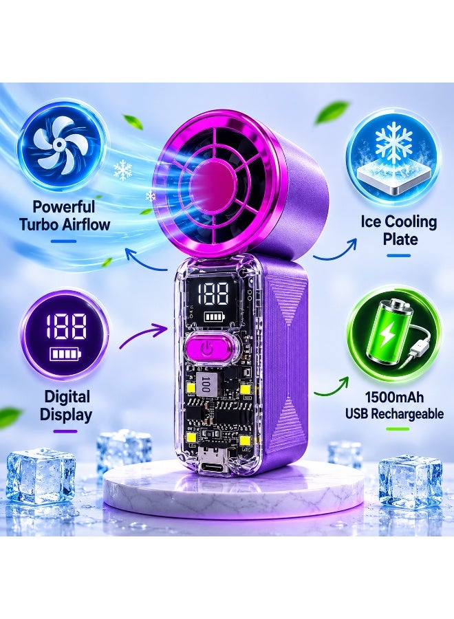 Shopit Mini Handheld Turbo Cooling Fan with Ice Plate, Digital Display, USB Rechargeable 1500mAh (Pink) - Image 3
