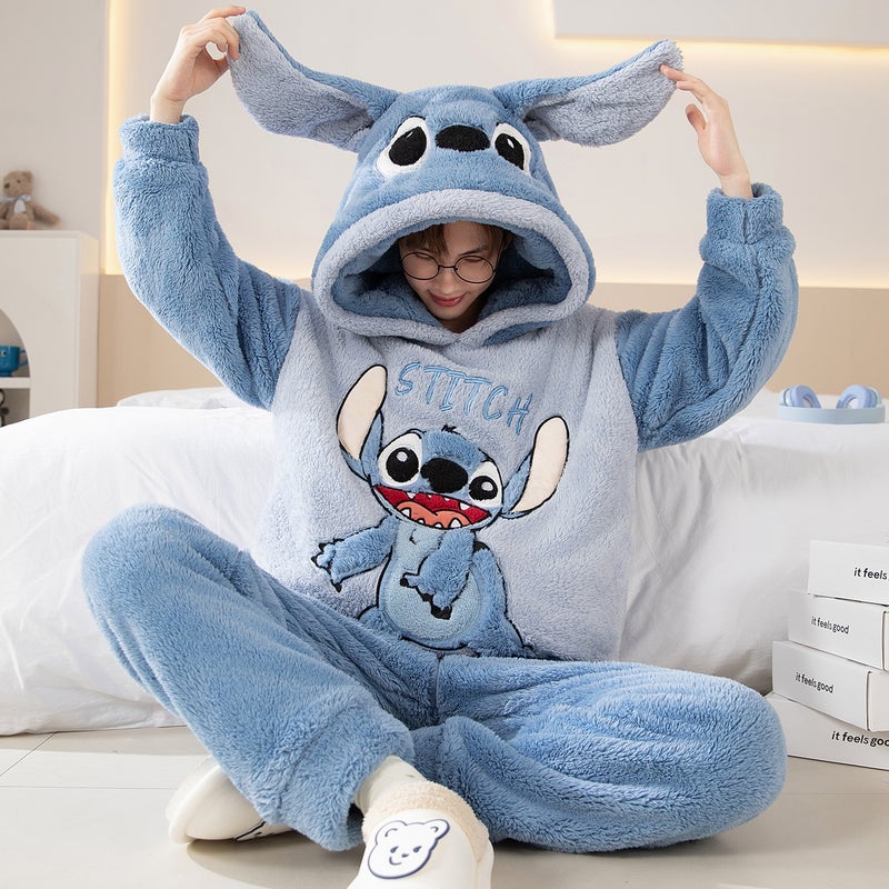 Winter Coral Fleece Pajamas Men'S Fleece-Lined Thickened Warm Cartoon Hooded Flannel Teenager Home Clothes Suit - Image 1