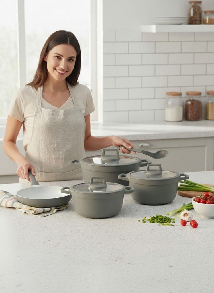 PROCILA 9-Piece Cast Aluminium Non-Stick Cookware Set Light Green, Set Includes: 28cm Casserole, 24cm Casserole, 20cm Casserole, 26cm Frypan, 2pcs Kitchen Tools - Image 2