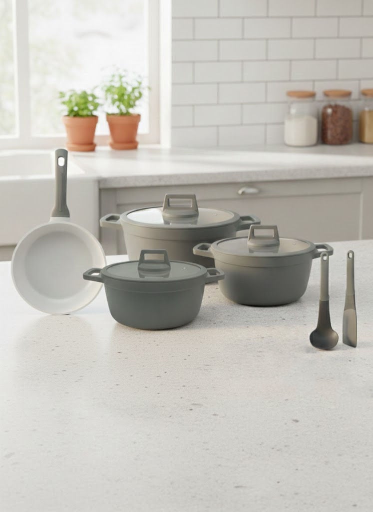 PROCILA 9-Piece Cast Aluminium Non-Stick Cookware Set Light Green, Set Includes: 28cm Casserole, 24cm Casserole, 20cm Casserole, 26cm Frypan, 2pcs Kitchen Tools - Image 1