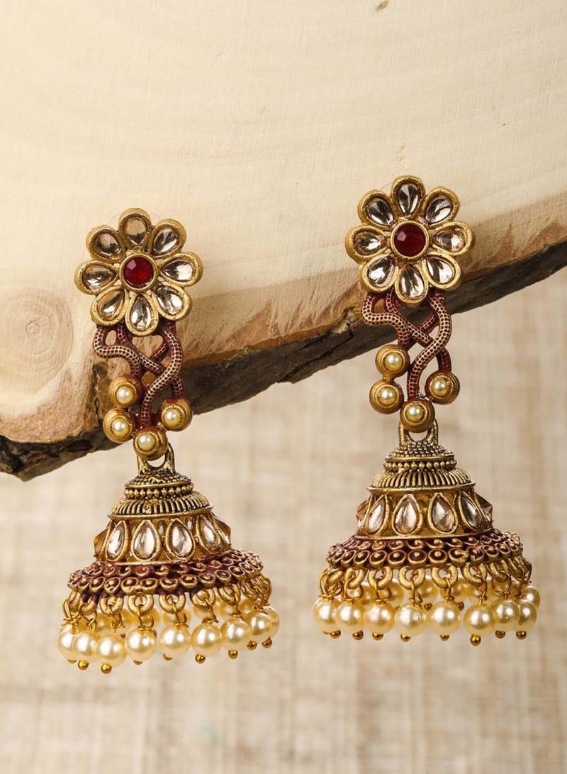 Priyaasi Women Red Kundan Handcraft Jhumka Earrings  - Image 1