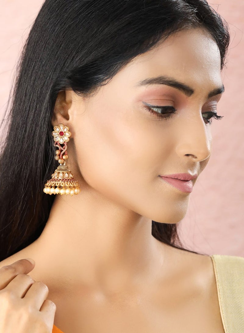 Priyaasi Women Red Kundan Handcraft Jhumka Earrings  - Image 4