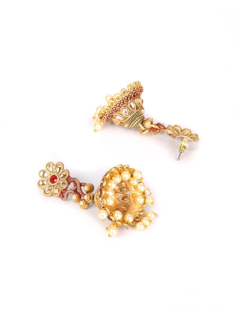 Priyaasi Women Red Kundan Handcraft Jhumka Earrings  - Image 3