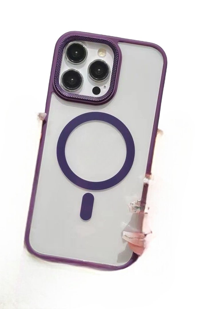Luxury Metal Lens Camera Protection Magsafe Phone Case for iPhone 15 Pro Max Wireless Charging Cover - Clear Back Slim -Purple - Image 1