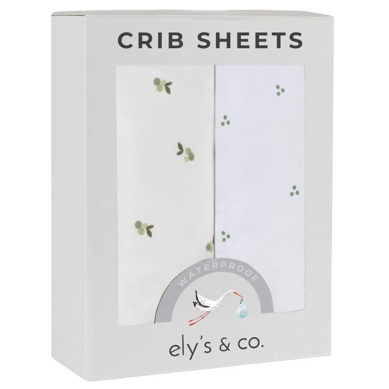 Ely's & Co. Patent Pending Waterproof Crib Sheets, 100% Cotton with Waterproof Lining - Built in Crib Mattress Protector, 2 Pack Fitted Toddler Sheet Set, Berry and Cluster Dot (Sage) 28â€ x 52â€ - Image 1