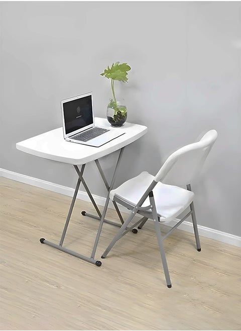 A set of adjustable height plastic folding table and foldable plastic chair suitable for camping and trips