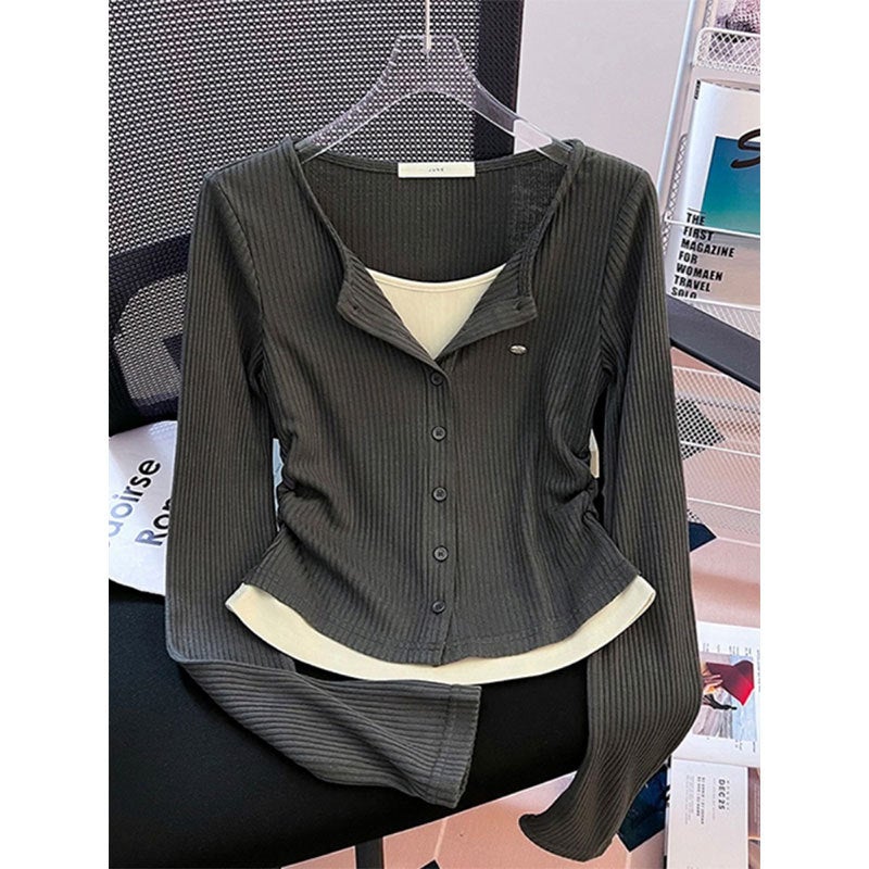 Vintage Fake Two-Piece Long-Sleeved T-Shirt Women'S New Autumn Tight Waist Inner Wear Slimming Top - Image 5