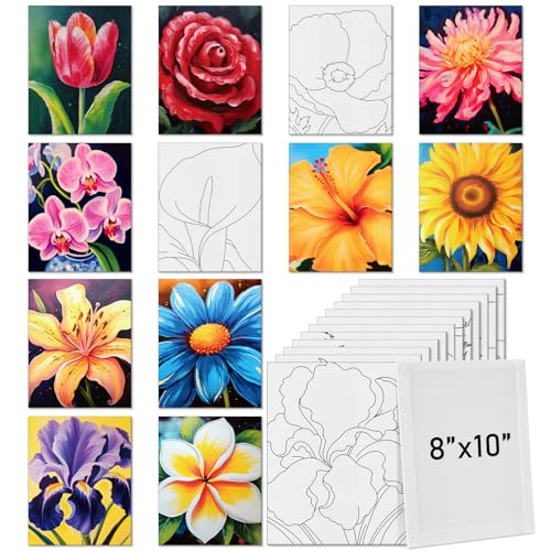 Tinlade 12 Pcs 79 x 98 Inch Pre Drawn Canvases for Painting Pre Stretched Canvas DIY Coloring Outline Painting Boards for Beginners Adults Abstract Flower - Image 1