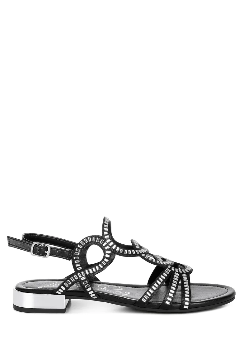 London Rag Cut Out Detail Rhinestone Flat Sandals in Black