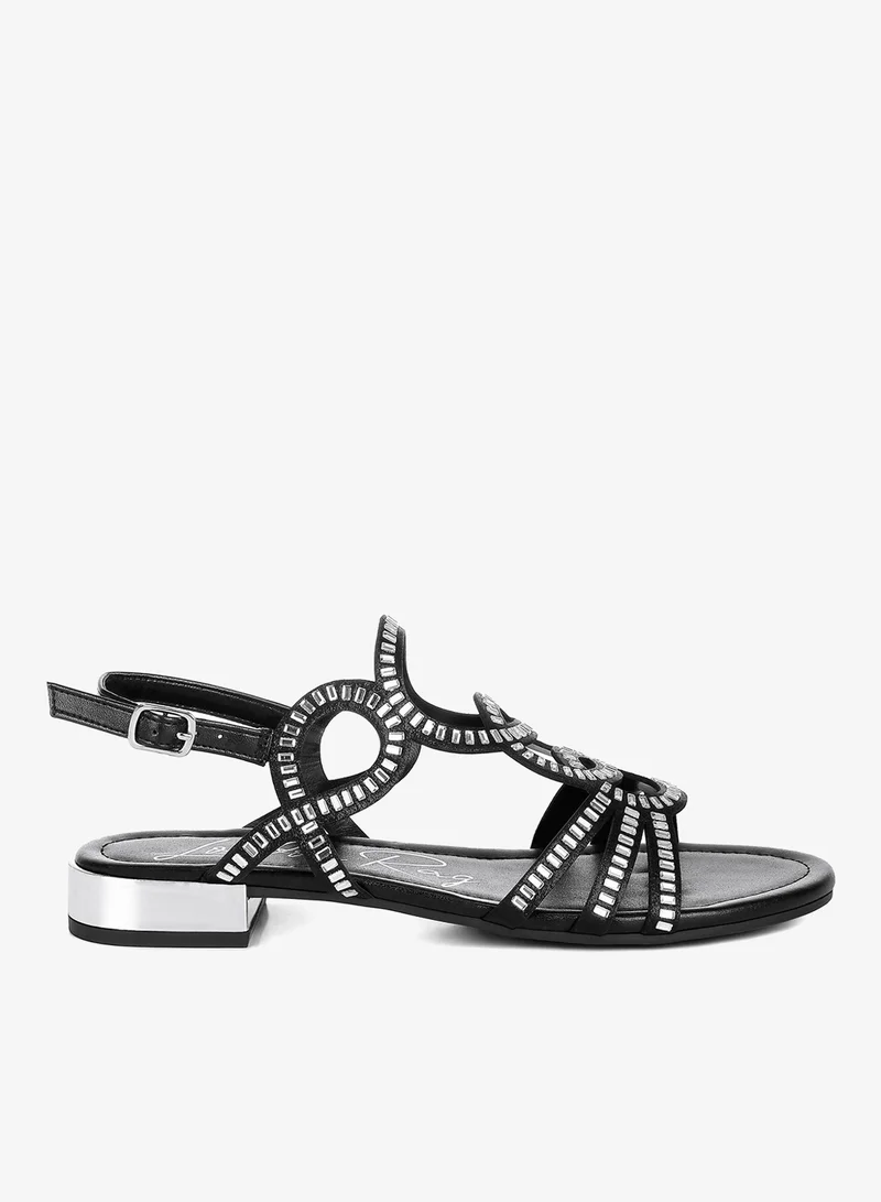 Cut Out Detail Rhinestone Flat Sandals in Black