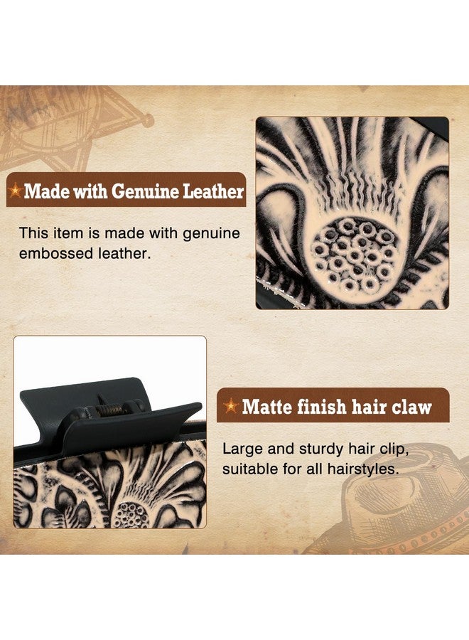 DEEKA Western Hair Clip For Women, Large Genuine Leather Brown And Turquoise Embossed Tooled 4" Hair Claw Clips, Country Girls Cowgirl Stuff, Hair Accessories For Thick Hair - Black - Image 1