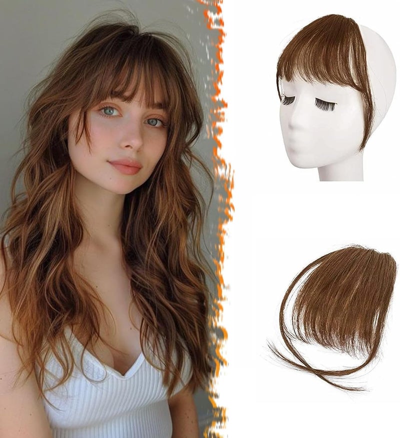 Clip in Bangs 100 Human Hair Medium Brown Air Hair Bangs With Temples Hairpieces Curved Bangs For Women Daily WearAlaleibaby Clip in Bangs 100 Human Hair Medium Brown Air Hair Bangs With