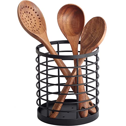 WDT Tool Utensil holder for Kitchen Counter - 5.2" x 5.2" x 6" Large Round Utensils Holder with Wooden Base Matte Black Cooking Utensil Holder，Kitchen countertop Utensil Organizer (Metal) - Image 1