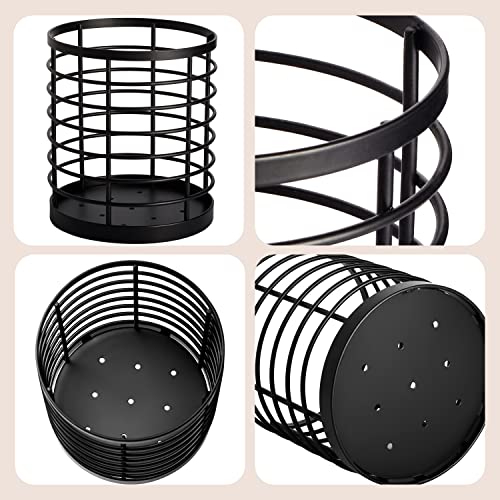 WDT Tool Utensil holder for Kitchen Counter - 5.2" x 5.2" x 6" Large Round Utensils Holder with Wooden Base Matte Black Cooking Utensil Holder，Kitchen countertop Utensil Organizer (Metal) - Image 2