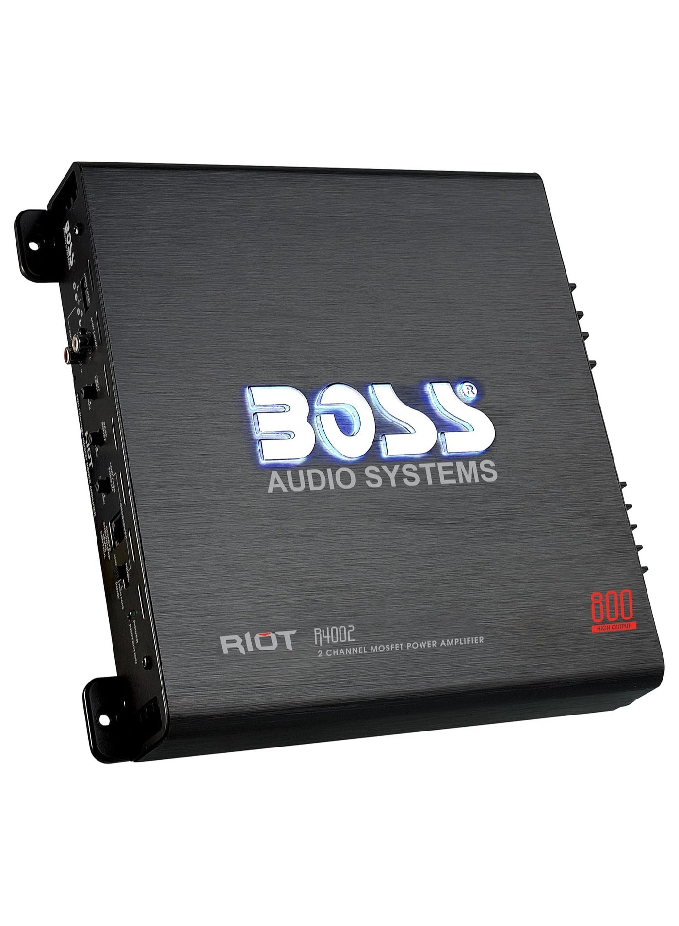 Car Audio Stereo Amplifier R4002 Riot Series – 800 High Output, 2 Channel, Class A-B, 2,4 Ohm, Low/High Level Inputs, High/Low Pass Crossover, Full Range, Bridgeable, Subwoofer