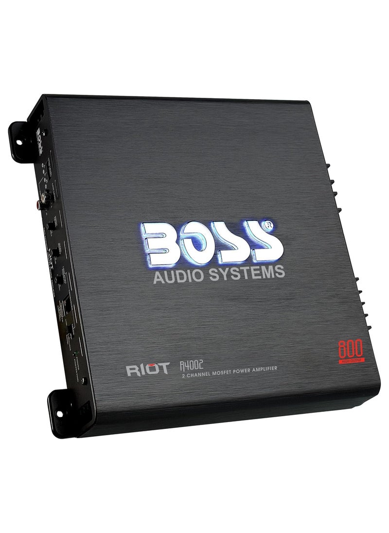 BOSS AUDIO SYSTEMS Car Audio Stereo Amplifier R4002 Riot Series – 800 High Output, 2 Channel, Class A-B, 2,4 Ohm, Low/High Level Inputs, High/Low Pass Crossover, Full Range, Bridgeable, Subwoofer  - Image 1