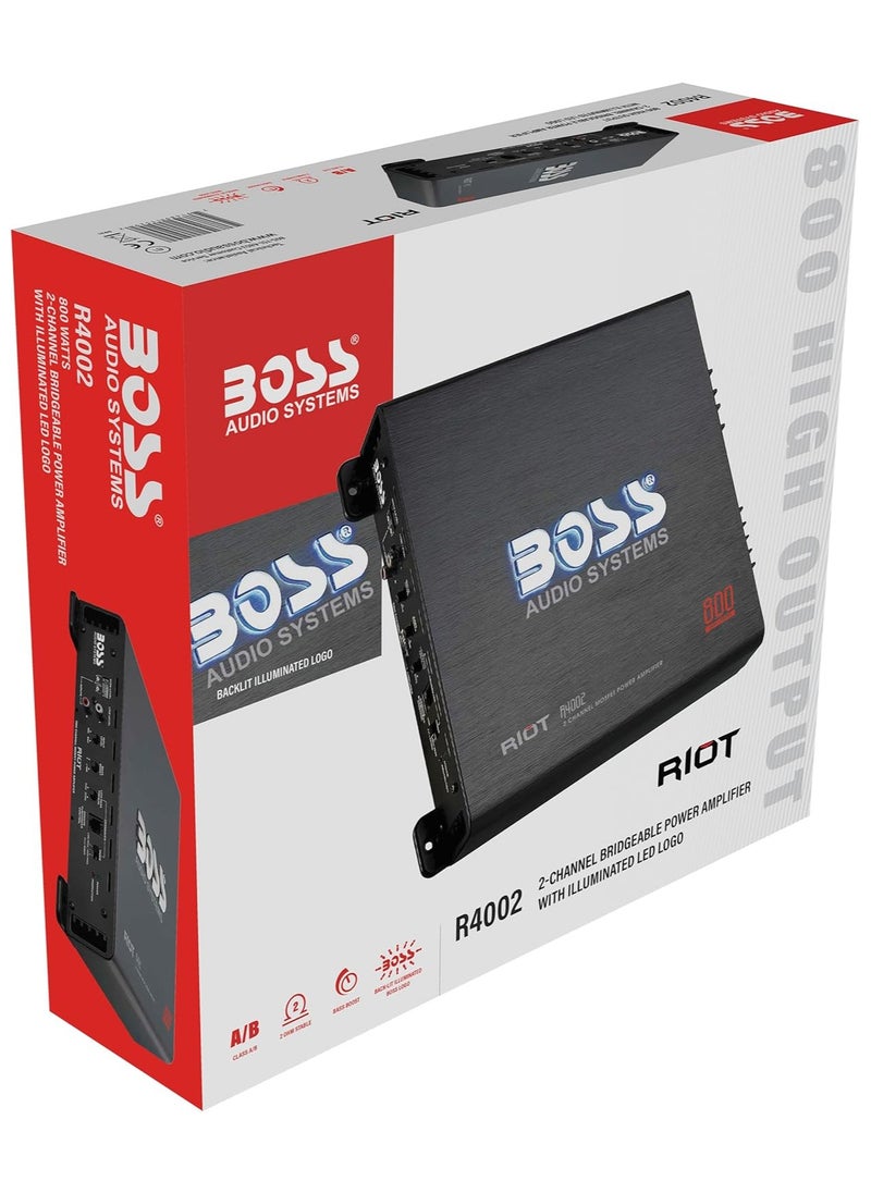 Car Audio Stereo Amplifier R4002 Riot Series – 800 High Output, 2 Channel, Class A-B, 2,4 Ohm, Low/High Level Inputs, High/Low Pass Crossover, Full Range, Bridgeable, Subwoofer