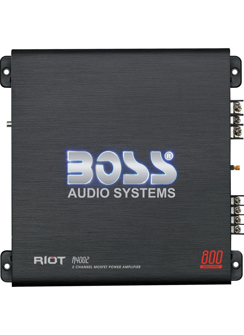 Car Audio Stereo Amplifier R4002 Riot Series – 800 High Output, 2 Channel, Class A-B, 2,4 Ohm, Low/High Level Inputs, High/Low Pass Crossover, Full Range, Bridgeable, Subwoofer