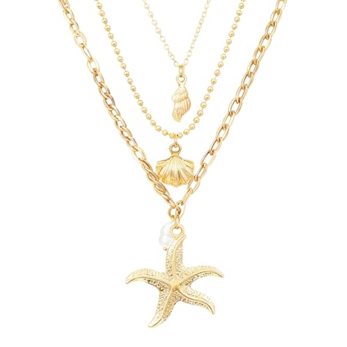 XFSAFDM Beach Jewellery For Women, Layered Necklace For Women, Shell Jewellery With Gold Finish, Elegant Three-Layer Starfish Pendant Necklace For Beach Vacations And Casual Gatherings - Image 1