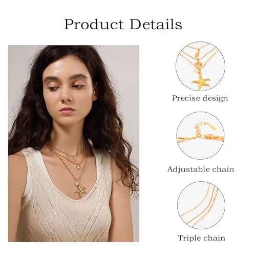 XFSAFDM Beach Jewellery For Women, Layered Necklace For Women, Shell Jewellery With Gold Finish, Elegant Three-Layer Starfish Pendant Necklace For Beach Vacations And Casual Gatherings - Image 3