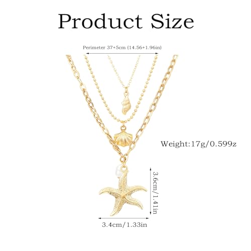 XFSAFDM Beach Jewellery For Women, Layered Necklace For Women, Shell Jewellery With Gold Finish, Elegant Three-Layer Starfish Pendant Necklace For Beach Vacations And Casual Gatherings - Image 2