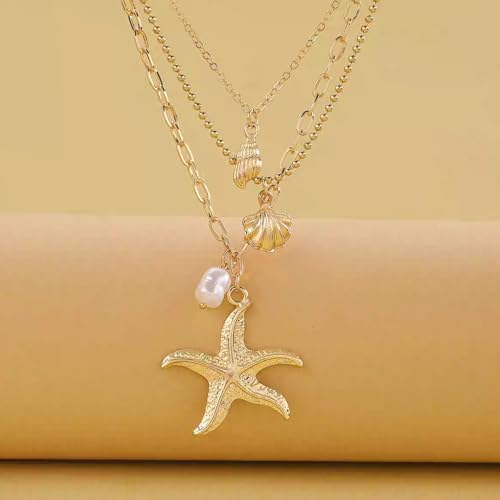 XFSAFDM Beach Jewellery For Women, Layered Necklace For Women, Shell Jewellery With Gold Finish, Elegant Three-Layer Starfish Pendant Necklace For Beach Vacations And Casual Gatherings - Image 5