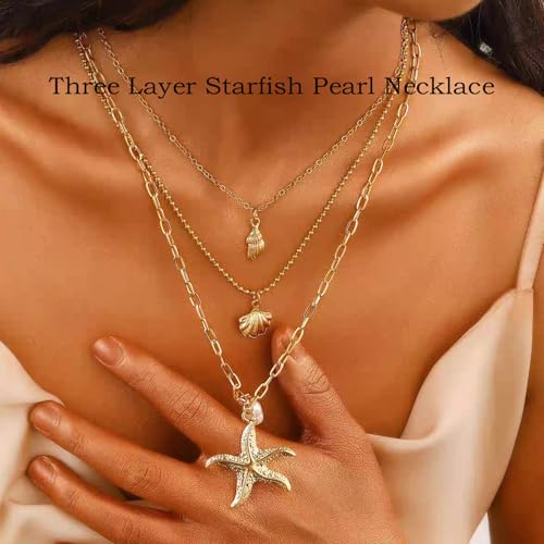 XFSAFDM Beach Jewellery For Women, Layered Necklace For Women, Shell Jewellery With Gold Finish, Elegant Three-Layer Starfish Pendant Necklace For Beach Vacations And Casual Gatherings - Image 4