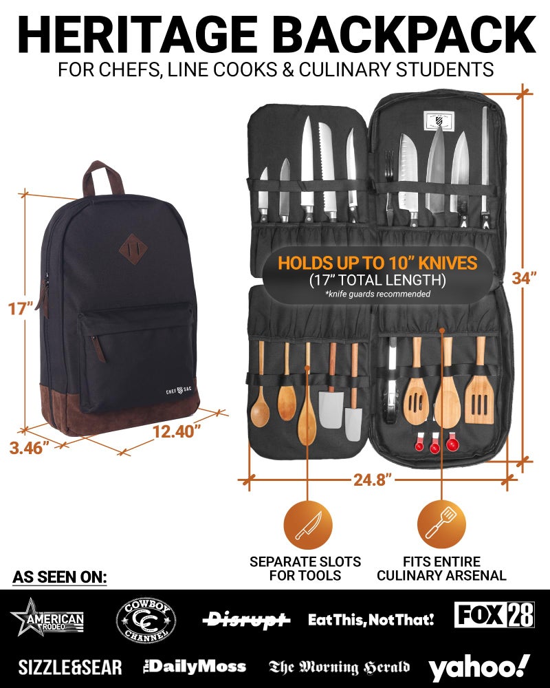 Chef Sac Chef Knife Backpack, Professional Knife Bag for Chefs and Culinary Students, Heritage Design, Reinforced Handles, YKK Zippers, Secure Knife Retention Panels, Durable Water-Resistant Fabric (Black) - Image 2