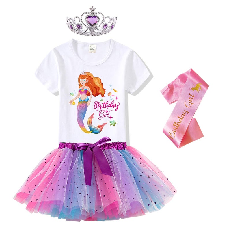 Tutu and Sian Mermaid Outfit Set Shirt Rainbow Tutu Dress Satin Sash Headband Birthday Gifts for Girls Costume Rainbow Mermaid 1 6 Years