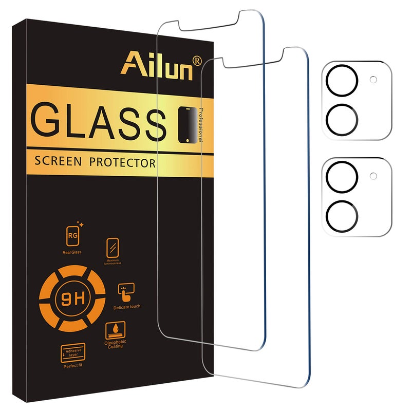 Ailun 2 Pack Screen Protector Compatible for iPhone 12 [6.1 inch] + 2 Pack Camera Lens Protector,Tempered Glass Film,[9H Hardness] - HD - Image 1