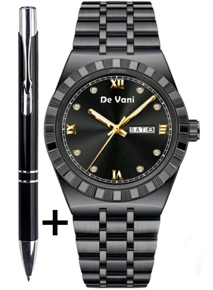 دي فاني ساعة يد للرجال ستانلس ستيل أنالوج بعقارب مع قلم معدن هدية - Image 1