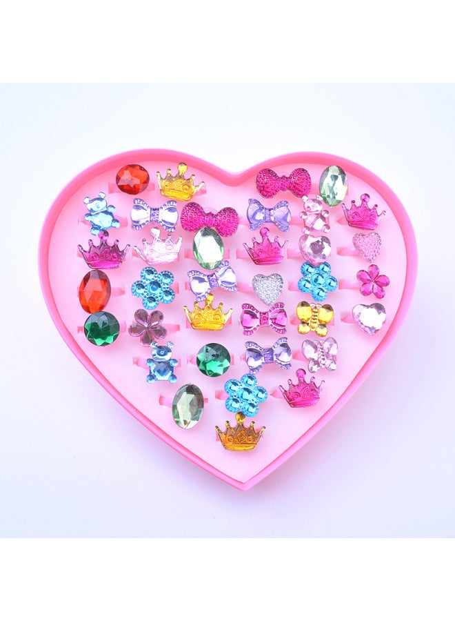 Children's Ring Girl's Diamond Gem Toy Girl's Baby Crystal Ring Princess Pearl Jewelry Jewelry Box-Color:Gem Mixed Style 36 Rings  - Image 1