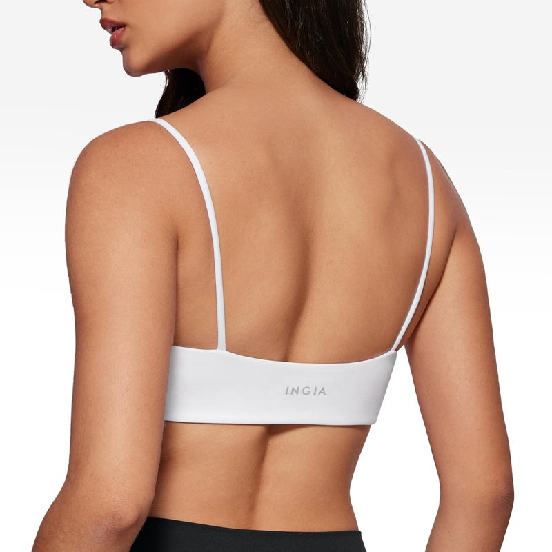 INGIA Women's Square Neck Sports Bra Spaghetti Strap Padded Cami Yoga Wireless Square Back Workout Bra Crop Top White Small - Image 2