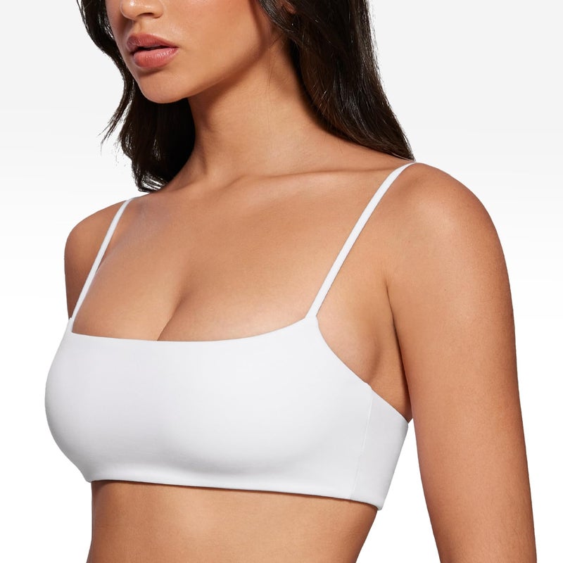 INGIA Women's Square Neck Sports Bra Spaghetti Strap Padded Cami Yoga Wireless Square Back Workout Bra Crop Top White Small - Image 3