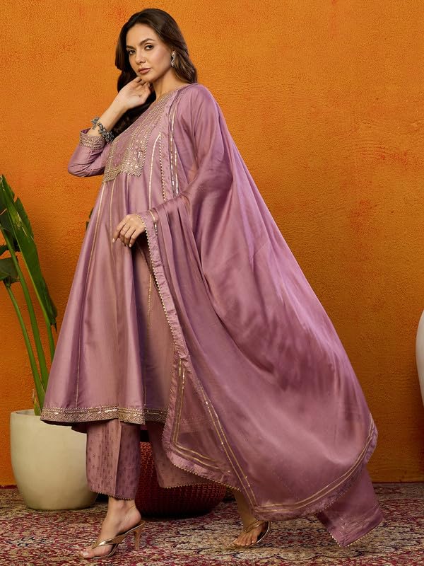 Vaamsi Women's Silk Blend Yoke Design Solid Anarkali Kurta Palazzo With Dupatta (PKSKD2039_Pink_XS) - Image 4