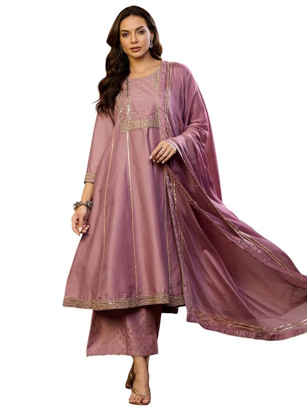 Vaamsi Women's Silk Blend Yoke Design Solid Anarkali Kurta Palazzo With Dupatta (PKSKD2039_Pink_XS) - Image 1