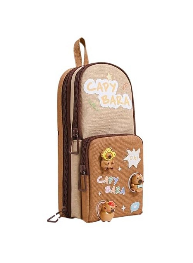 SAJANI Three Layer School Bag-Shaped Pencil Pouch, Large-Capacity Pencil Pouch with Zipper, Multipurpose Pen & Pencil Pouch for School Supplies for Boys & Girls (Pack of 1) (Capybara) - Image 1