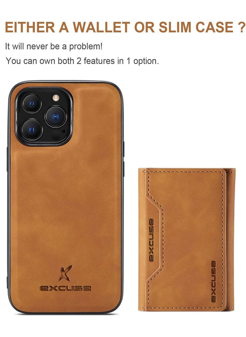 Dg Ming Premium Leather iPhone 14 Pro Wallet Case Back Cover Magnetic Detachable with Trifold Wallet Card Holder Pocket for iPhone 14 Pro Brown  - Image 3