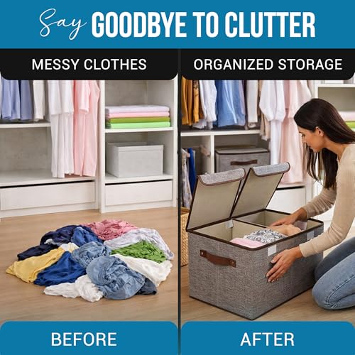 FLYNGO Foldable Cloth Organizer Storage Box for Wardrobe, Closet Basket Bin Organiser for Books, Toys, Other Supplies With Lid (Grey) (Grey) - Image 4