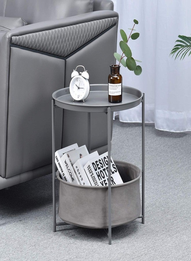 TOOLF End Table, Metal Nightstand, Coffee Round Table, Sofa Side Snack Table with Detachable Tray Top and Fabric Storage Basket, Scandi Style Table for Living Room Bedroom (Dark Grey) - Image 3
