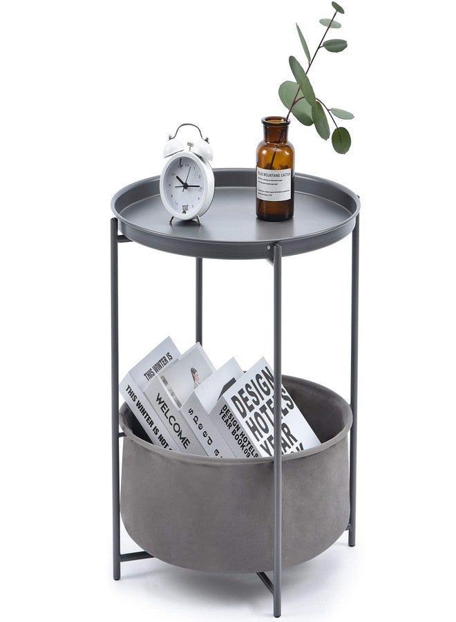 TOOLF End Table, Metal Nightstand, Coffee Round Table, Sofa Side Snack Table with Detachable Tray Top and Fabric Storage Basket, Scandi Style Table for Living Room Bedroom (Dark Grey) - Image 1
