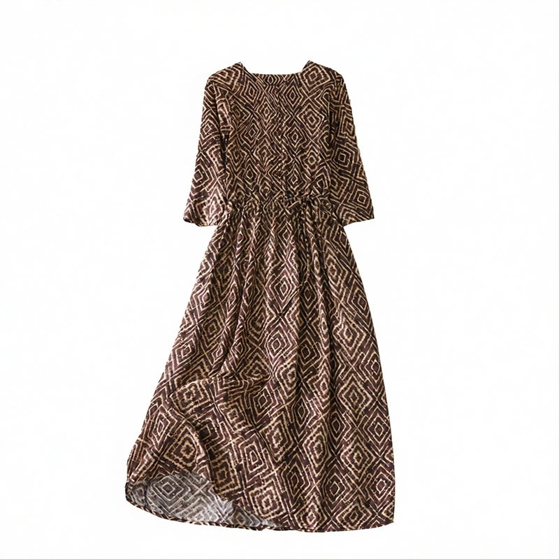 Mid Length Striped Loose Retro Print Tie Waist Linen Dress - Image 5