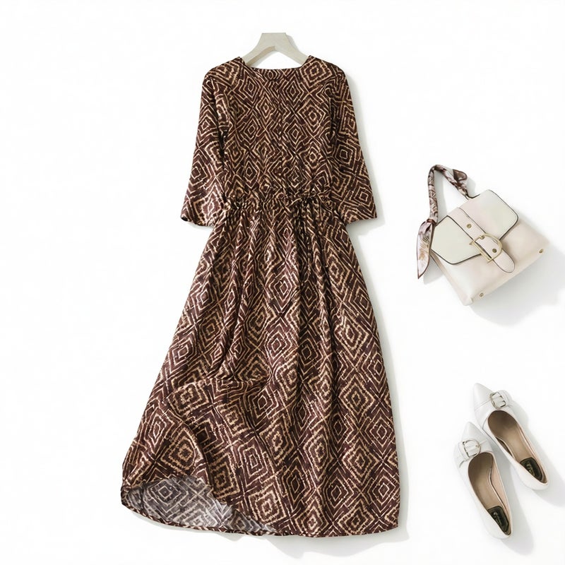 Mid Length Striped Loose Retro Print Tie Waist Linen Dress - Image 1
