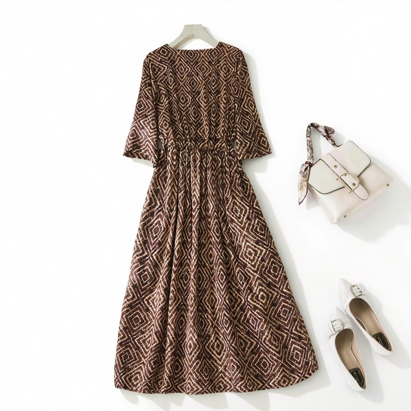 Mid Length Striped Loose Retro Print Tie Waist Linen Dress - Image 2