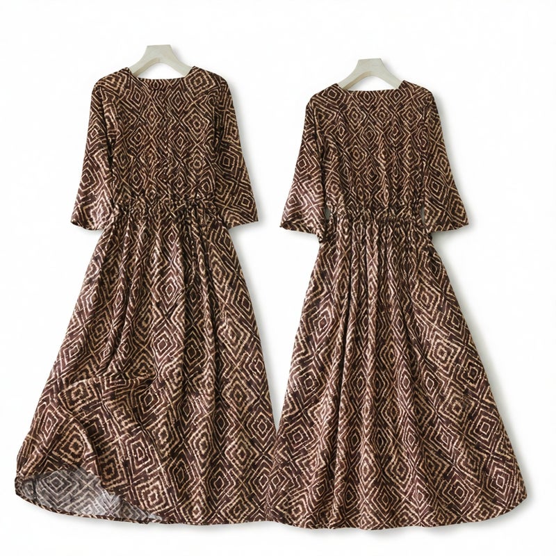 Mid Length Striped Loose Retro Print Tie Waist Linen Dress - Image 3