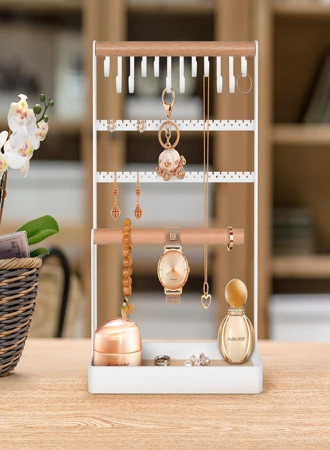 OGFC 74603 Jewelry Stand Earring Organizer, 5-Tier Necklace Holder with Ear Stud Holes Wooden Ring Tray, 12 Hooks Bracelet Hanging Storage Rack for Necklaces Earrings Rings Watches - White - Image 2