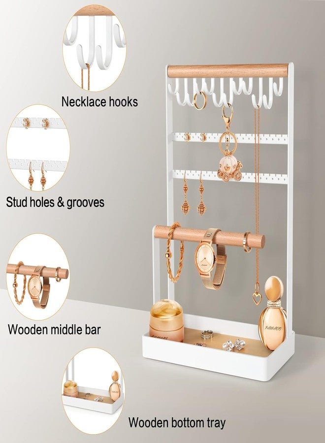 OGFC 74603 Jewelry Stand Earring Organizer, 5-Tier Necklace Holder with Ear Stud Holes Wooden Ring Tray, 12 Hooks Bracelet Hanging Storage Rack for Necklaces Earrings Rings Watches - White - Image 3