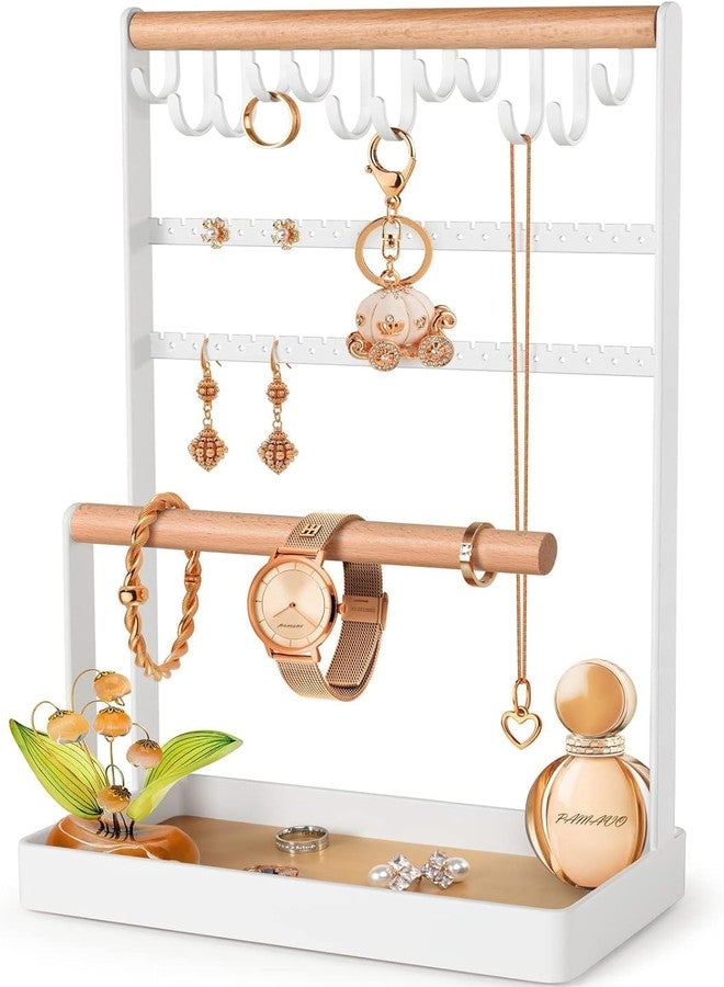 OGFC 74603 Jewelry Stand Earring Organizer, 5-Tier Necklace Holder with Ear Stud Holes Wooden Ring Tray, 12 Hooks Bracelet Hanging Storage Rack for Necklaces Earrings Rings Watches - White - Image 1